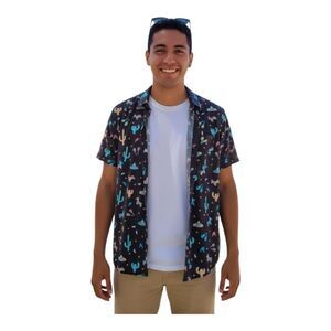 Tipsy Elves Men's Midnight Fiesta Hawaiian Shirt Black with Turquoise size M